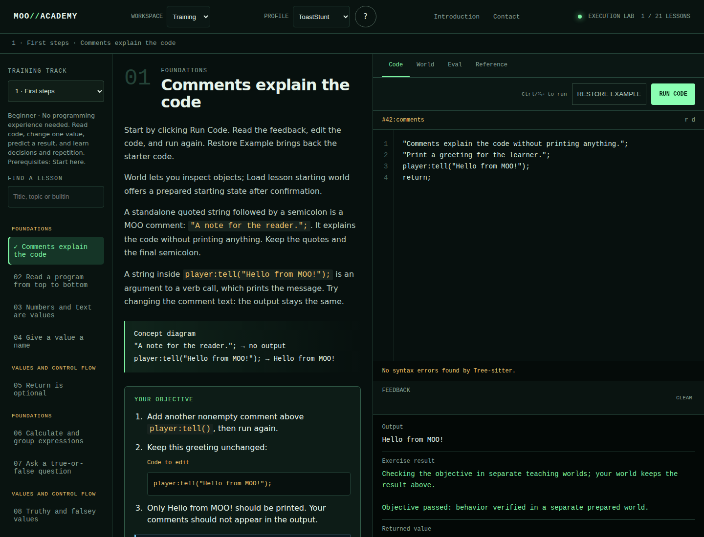 MOO Academy with an introductory lesson, an editable MOO example, and successful exercise results.