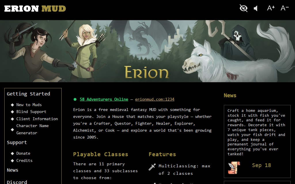 ErionMUD website with fantasy character artwork and game information.