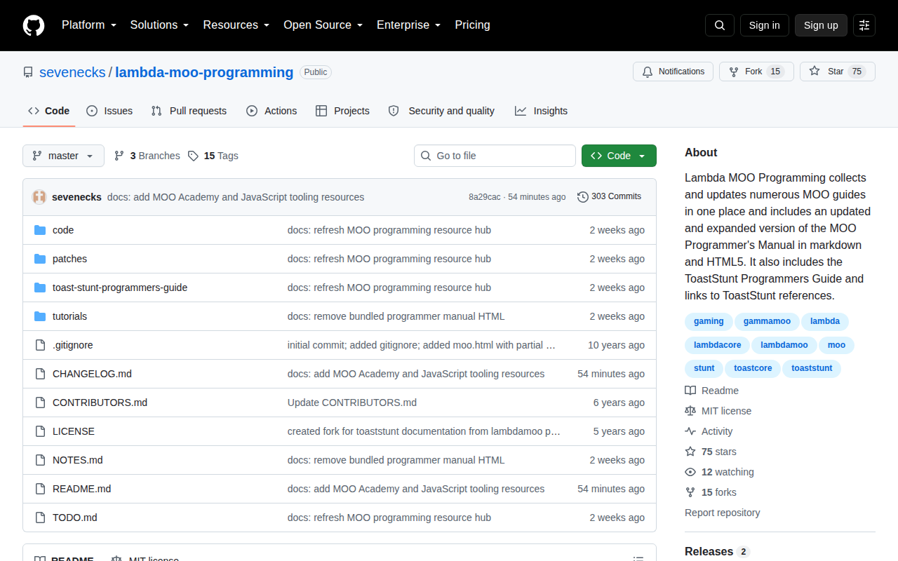 LambdaMOO programming repository on GitHub with guides, tutorials, and code.