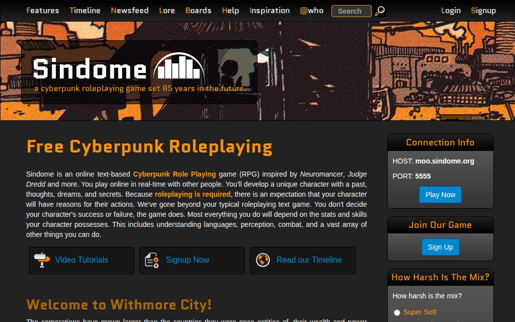 Sindome website introducing its cyberpunk role-playing world.