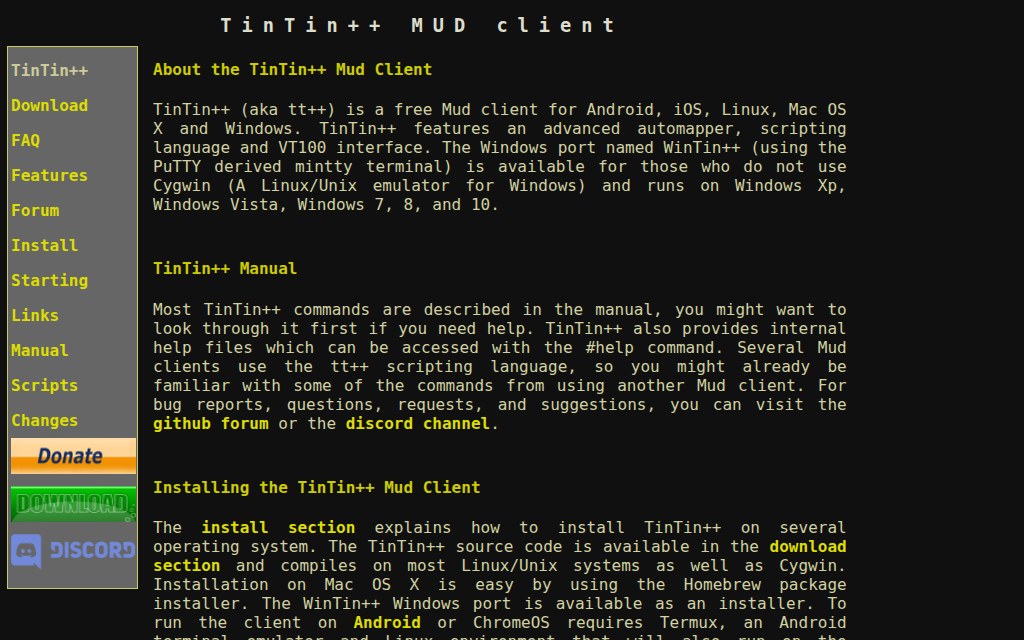 TinTin++ website introducing its text-based game client and documentation.
