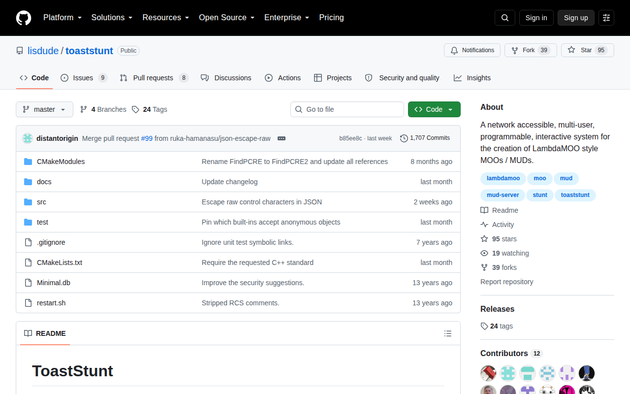 ToastStunt GitHub repository with source files and a description of the MOO server.